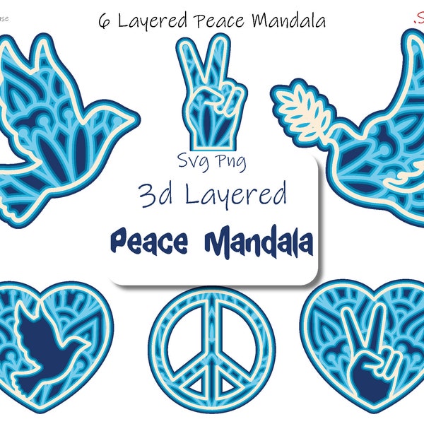 3d Peace Mandala Bundle Layered Multilayer SVG Png For Laser Engrave Cricut Paper Cut, Pigeon Heart Shaped Peace Symbol