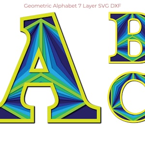 Alphabet géométrique ABC Floral 26 lettres SVG DXF 7 couches multicouches pour bois, gravure laser sur papier Cricut, ligne de coupe, art mural