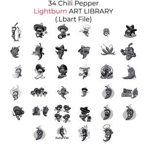 34 Chili Hot Pepper Lightburn ArtLibrary (.Lbart) Schwarz Weiß Graustufen Vektordateien zum gravieren