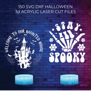 150 SVG DXF Halloween Acryl Illusion Led-Lampen-Bundle-Dateien für die Lasergravur geschnitten, Rechteck rund bereit zu schneiden, LED-Nachtlampe zu schneiden