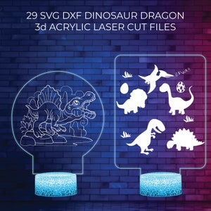 May include: Two 3D acrylic laser cut night lights featuring dinosaur designs. The first light shows a Spinosaurus dinosaur with a blue base. The second light shows a variety of dinosaurs including a Pterodactyl, a Stegosaurus, a Tyrannosaurus Rex, and a Brachiosaurus with a blue base. The text "RAWK!" is included in the second light.