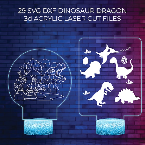 29 SVG DXF dinosaurio dragón acrílico ilusión LED lámpara paquete archivos para corte de grabado láser, rectángulo redondo listo para cortar lámpara de noche LED