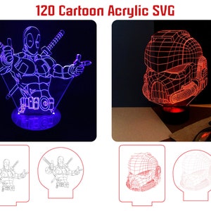 120 SVG Cartoon Acryl Illusion Led-Lampen-Bundle-Dateien für Lasergravur geschnitten, Rechteck rund bereit, LED-Nachtlampe zu schneiden