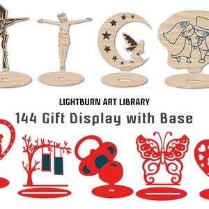 144 Displays with Base Stand Bundle Wood Plexi Glass Acrylic Lightburn Art Library Lbart For Laser Engrave Cut, Hearts Birthday Baby Number