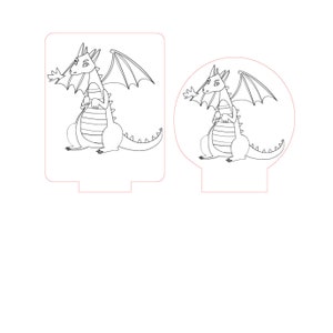 May include: A black and white line drawing of a cartoon dragon with wings, holding a leaf in its mouth. The dragon is standing on its hind legs and has a long tail.