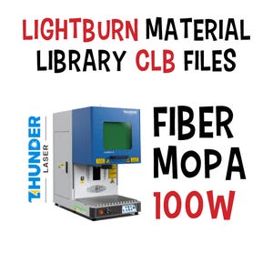 Może przedstawiać: Niebiesko-szara maszyna do grawerowania laserowego z napisem "THUNDER LASER" po lewej stronie i "THUNDER" w prawym górnym rogu maszyny. Maszyna ma zielony ekran i czerwony promień lasera. Tekst "FIBER MOPA 100W" jest czarny na białym tle.