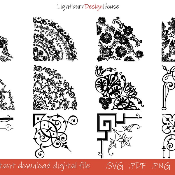 104 SVG Png Pdf Dxf Corner Shelf Pattern Border Frames Bundle Laser Cut Engrave Silhouette Cricut Vinyl, Wedding Card Vintage Art Flower