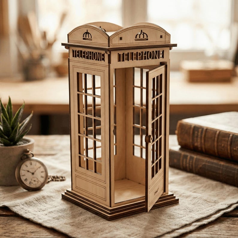 3 London Telephone Box Set SVG DXF Files for Laser Cut Tealight & Pencil Holder, Desk Organizer Wood Project, CNC Laser Digital Download image 2
