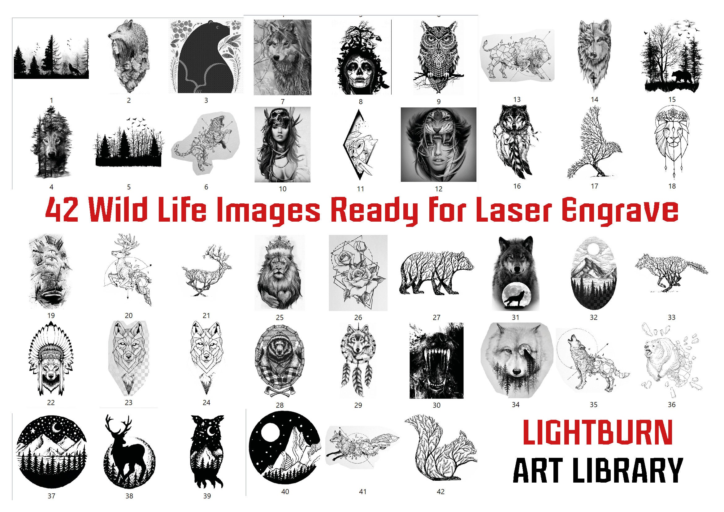 42 Wild Life Bundle Lightburn Art Library Lbart File Ready for Etsy UK