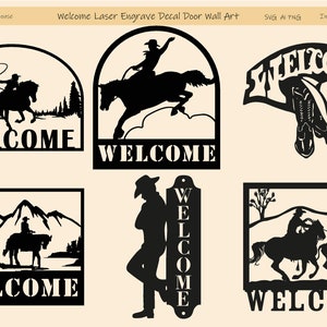 Paquete de bienvenida de vaquero SVG PNG para madera, metal, corte láser, grabado Lightburn, calcomanía de arte de pared, calcomanía de puerta, decoración de pared para Cricut Silhouette