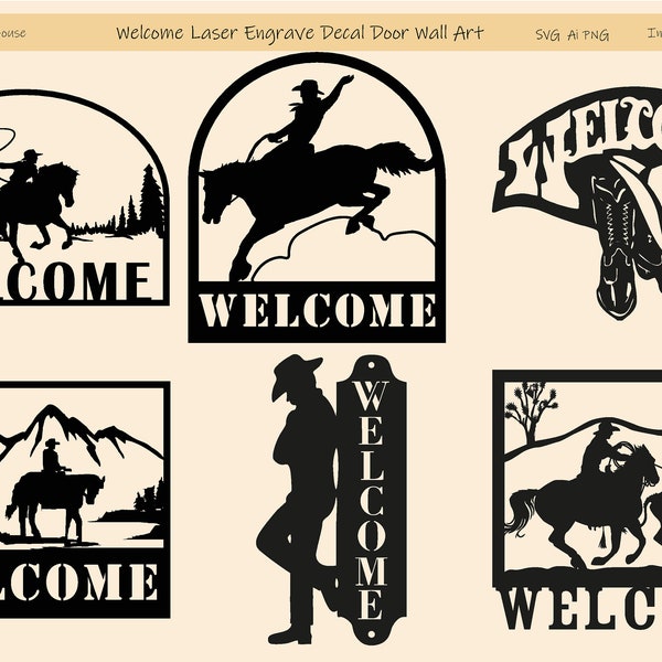 Welcome Cowboy Bundle SVG PNG For Wood Metal Laser Cut Engrave Lightburn, Wall Art Decal, Door Sticker, Wall Decor for Cricut Silhouette