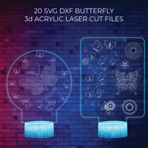 20 SVG DXF Butterfly Acrylique Illusion Led Lamp Bundle Fichiers pour gravure laser découpée, rectangle rond prêt à couper lampe de nuit LED