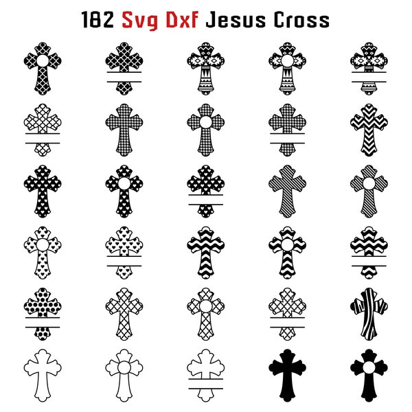 Lot de 182 croix de jésus Svg Dxf pour gravure Laser, boucle d'oreille découpée dans du papier Cricut, motifs de croix, ailes de cadres fendus, croix en détresse