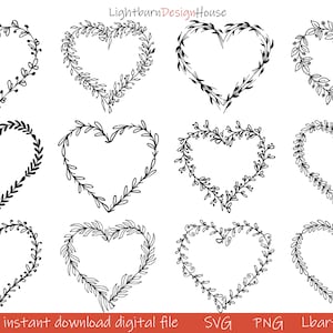 Couronne de coeur 150 SVG Png et motifs floraux de vecteur feuillu pour fichiers laser Lightburn Art LLibrary, couronne de cadre cercle joyeux Noël
