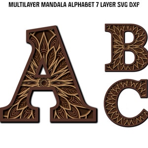 ABC Mandala Alphabet Floral 26 Letters SVG DXF 7 Layered Multilayer For Wood Laser Engrave Cricut Paper Cut Line Wall Art