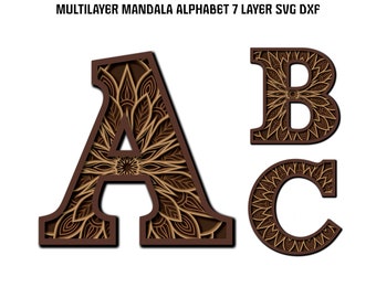 ABC Mandala Alphabet Floral 26 Letters SVG DXF 7 Layered Multilayer For Wood Laser Engrave Cricut Paper Cut Line Wall Art