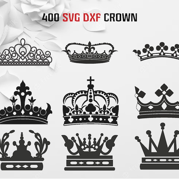 400 Svg Dxf Crown Bundle, Queen Crown, King Crown, Princess Royal Crown for Laser Engrave