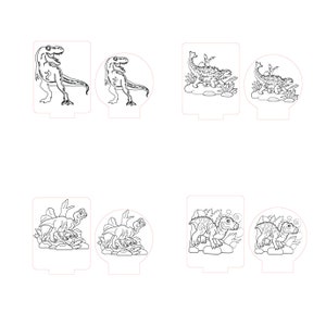 May include: Eight black and white line art designs of dinosaurs. The designs are for laser cutting and are perfect for creating night lights.