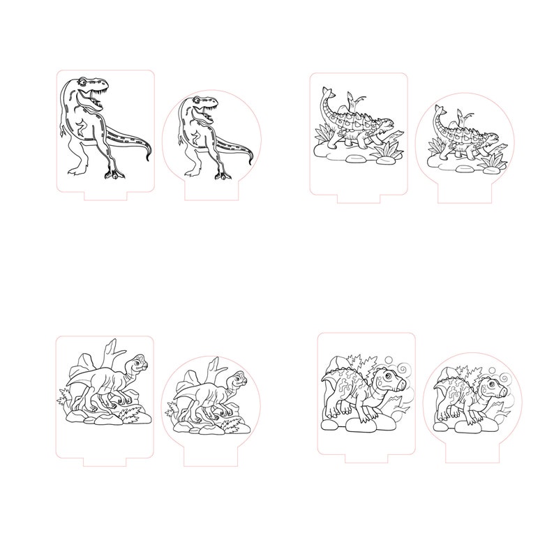 May include: Eight black and white line art designs of dinosaurs. The designs are for laser cutting and are perfect for creating night lights.