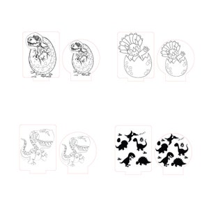 May include: Set of six black and white dinosaur-themed stencils for crafting. The stencils feature dinosaurs hatching from eggs, a dinosaur walking, and a pattern of dinosaurs.