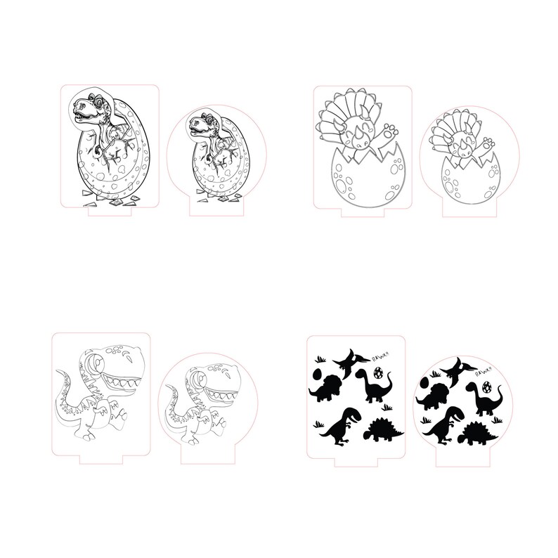 May include: Set of six black and white dinosaur-themed stencils for crafting. The stencils feature dinosaurs hatching from eggs, a dinosaur walking, and a pattern of dinosaurs.