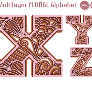 3d SVG PNG ABC Floral Alphabet Multilayer 26 Buchstaben Lightburn Art Bibliothek Lbart Dateien für Laser Gravur Cricut Papierschnitt
