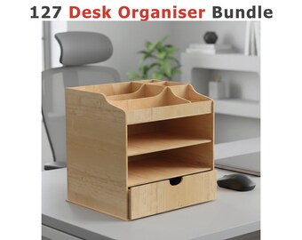 127 Desk Organizer SVG DXF Bundle | Laser Cut File Set for Wood MDF | Office Storage Rack, Desktop Shelf, Pen Holder, Letter Tray Patterns