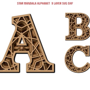 Alfabeto con mandalas de estrellas y flores, 26 letras, SVG, DXF, 9 capas, multicapa, para madera, grabado láser, Cricut, papel, corte, arte de pared