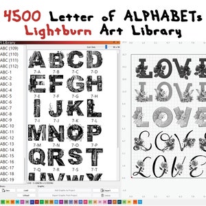 4500 ABC Font Alphabet Letter Clipart Designs Lightburn Art Library (.Lbart) Files for Laser Engrave 300 DPI PNG Files