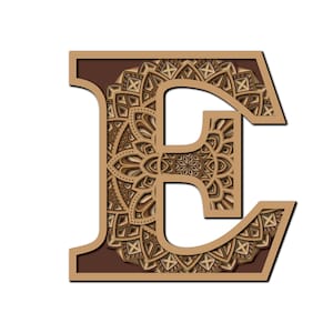 Letra E Mandala Floral SVG DXF 8 Camadas Multicamadas para Madeira Gravação a Laser Cricut Papel Corte Linha Arte de Parede