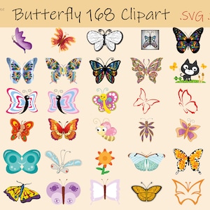168 SVG PNG Schmetterling Clipart Lightburn für Lasergravur, Vinyl Decal für Cricut, Silhouette Cut