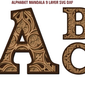 ABC Mandala Alfabeto Floreale 26 Lettere SVG DXF 9 Strati Multistrato Per Legno Laser Incisione Cricut Carta Taglio Linea Arte Murale