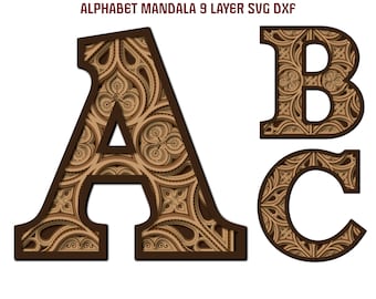 ABC Mandala Alphabet Floral 26 Letters SVG DXF 9 Layered Multilayer For Wood Laser Engrave Cricut Paper Cut Line Wall Art