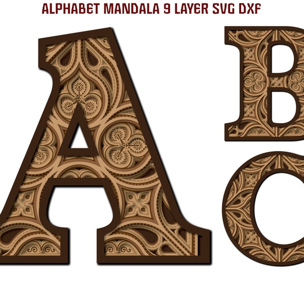 ABC Mandala Alphabet Floral 26 Letters SVG DXF 9 Layered Multilayer For Wood Laser Engrave Cricut Paper Cut Line Wall Art