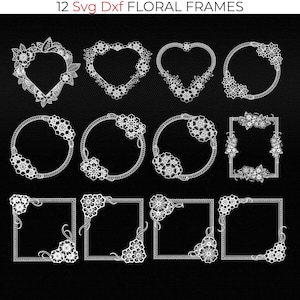 Lot de 12 cadres floraux SVG DXF pour gravure laser Lightburn faire-part de mariage coeur rond carré rectangle