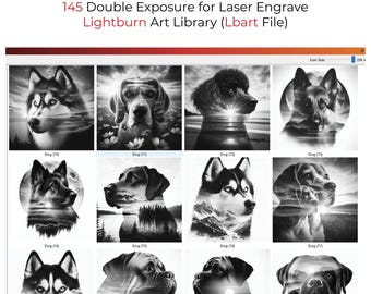 145 Double Exposure Dog LightBurn Art Library LBART Files for Laser Engrave, Canine Silhouette Engraving Designs Digital Download