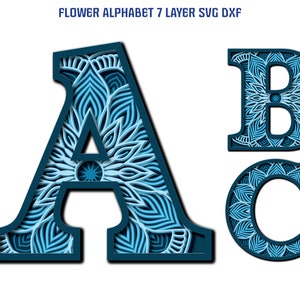Alfabet bloemen ABC-mandala 26 letters SVG DXF 7 gelaagde meerlaagse voor hout lasergravure Cricut papier snijlijn kunst aan de muur
