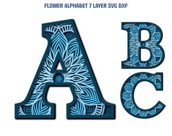 Alphabet Floral ABC Mandala 26 Letters SVG DXF 7 Layered Multilayer For Wood Laser Engrave Cricut Paper Cut Line Wall Art