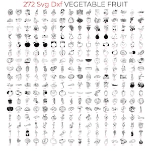 Lot de 272 fruits et légumes Svg Dxf pour gravure laser avec index