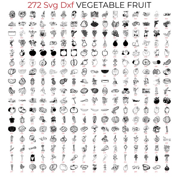 272 Bundle de fruits et légumes Svg Dxf pour gravure laser avec index