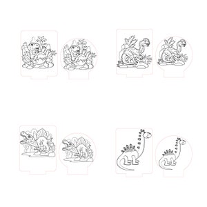 May include: A set of six black and white dinosaur illustrations. The dinosaurs are in various poses, including hatching from eggs, walking, and standing. The illustrations are suitable for use in children's books, educational materials, or as decorative elements.