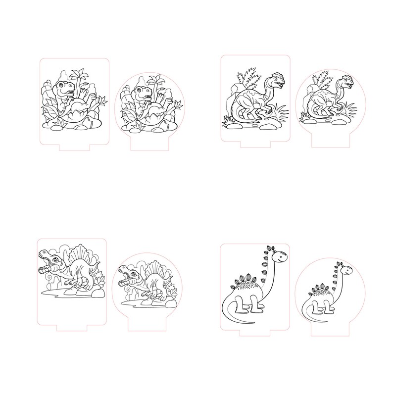 May include: A set of six black and white dinosaur illustrations. The dinosaurs are in various poses, including hatching from eggs, walking, and standing. The illustrations are suitable for use in children's books, educational materials, or as decorative elements.