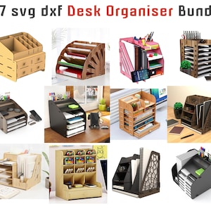 127 Svg Dxf Organizador de mesa para biblioteca de corte a laser, porta-lápis de corte a laser de madeira, suporte para telefone de arquivo de papel