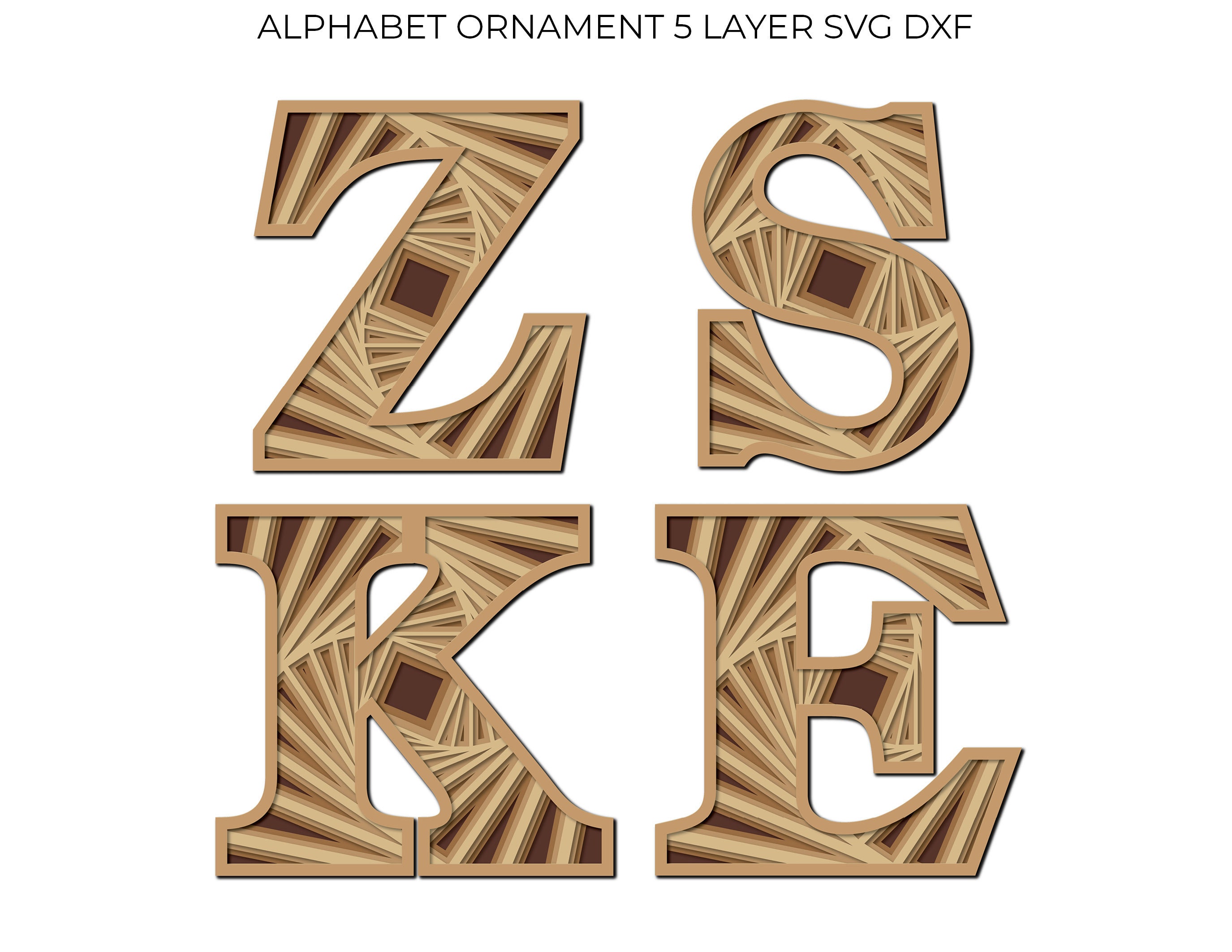 Alphabet Ornament ABC 26 Letters SVG DXF 5 Layered Multilayer For Wood Laser Engrave Cricut Paper Cut Line Wall Art