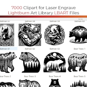 7000 Clipart Designs Lightburn Art Library-bestanden (.Lbart) voor lasergravure Alfabetisch gegroepeerde ontwerpen