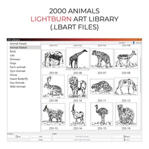 2000 dieren Lightburn Art Library (.Lbart) bestanden voor lasergraveren gesneden vogel kat hond dinosaurus sportschool paard vis wilde schets