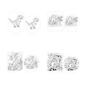 May include: A set of six black and white dinosaur illustrations for coloring. The illustrations are in a variety of poses and include a Tyrannosaurus Rex, a Stegosaurus, and a Brachiosaurus.