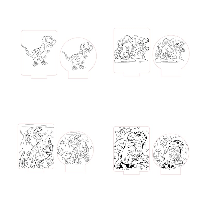May include: A set of six black and white dinosaur illustrations for coloring. The illustrations are in a variety of poses and include a Tyrannosaurus Rex, a Stegosaurus, and a Brachiosaurus.