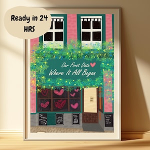 Personalized Couple Portrait First Date Location Drawing Custom Place Illustration Anniversary Keepsake Valentines Gift Where We Met Memory