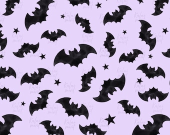 Watercolor Halloween Bats Seamless Pattern (Digital Download)  Black Bats on Purple